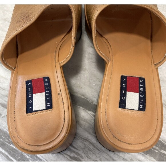 Vtg Y2K Tommy Hilfiger Platform Wooden Sandals Chunky Heel 7 Floral Hippie Boho - Picture 7 of 16